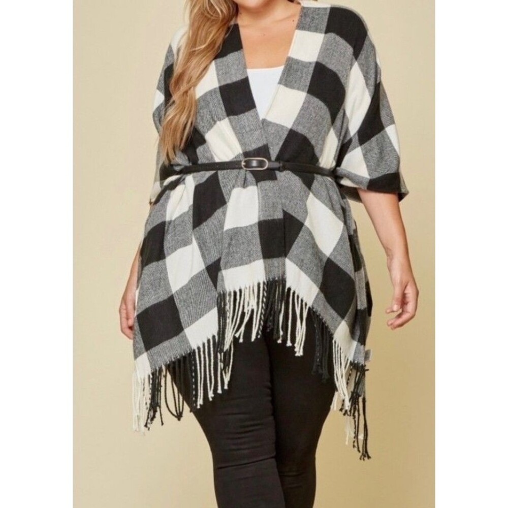 Andre by Unit Black White Checked Poncho One Size Fringe Acrylic Wrap Shawl - Picture 2 of 12